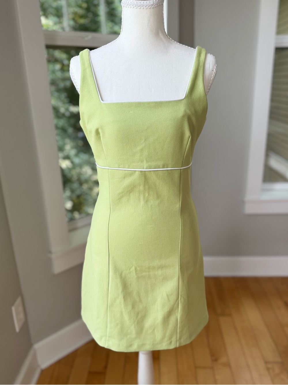 Vintage 90’s Byer Too Lime Green Stretch Pique Square Neck Mini Dress Size 7